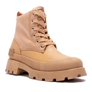 Tan Nylon Combat Boots with Chunky Sole and Lace-Up Design